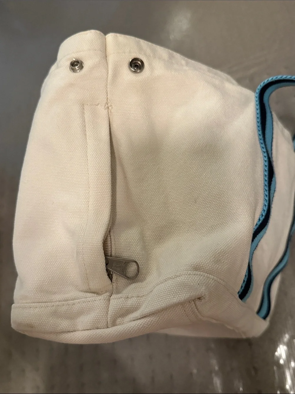 Cream Canvas Tote with Blue & Black Straps